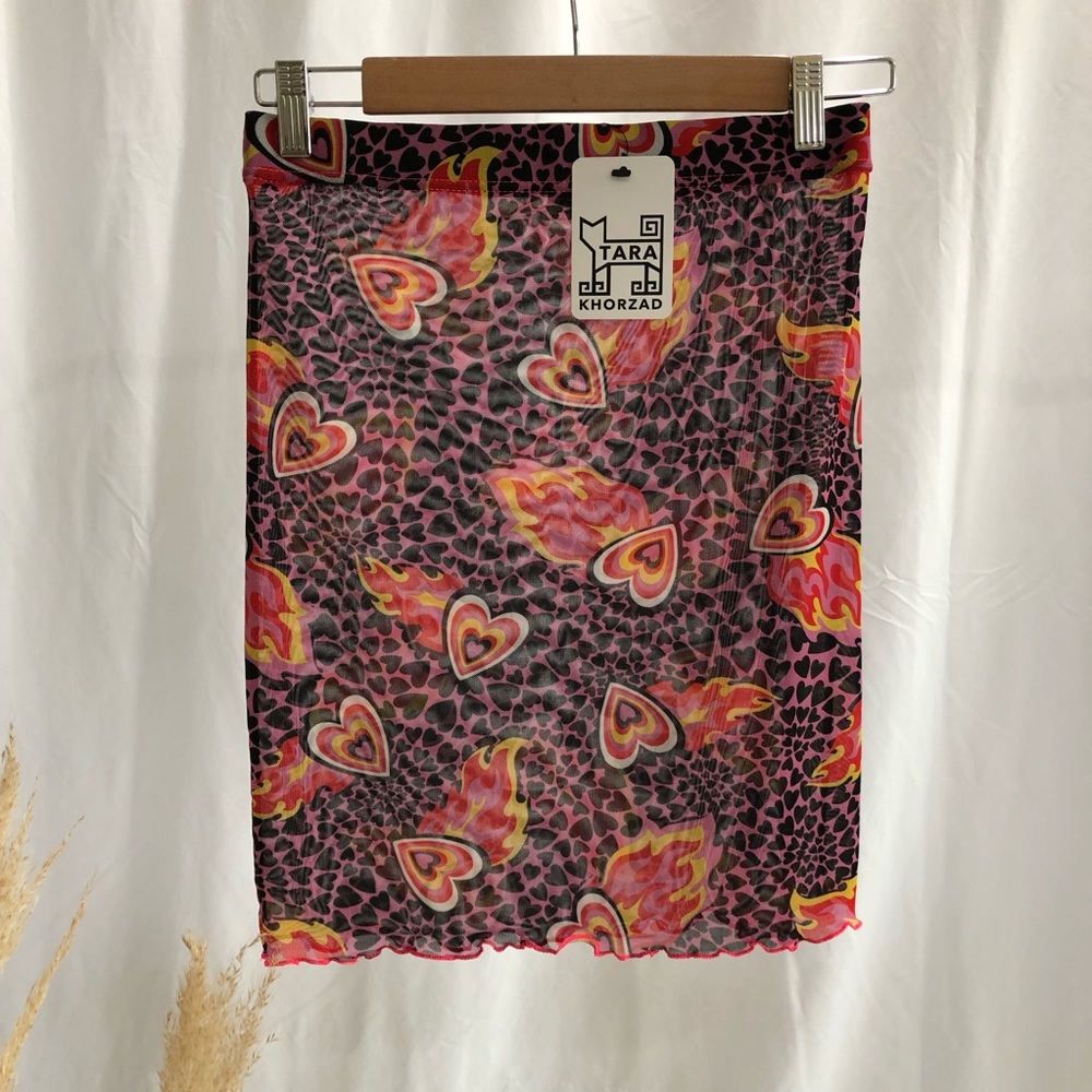 Dolls Kill Tara Khorzad Flaming Hearts Mesh Skirt